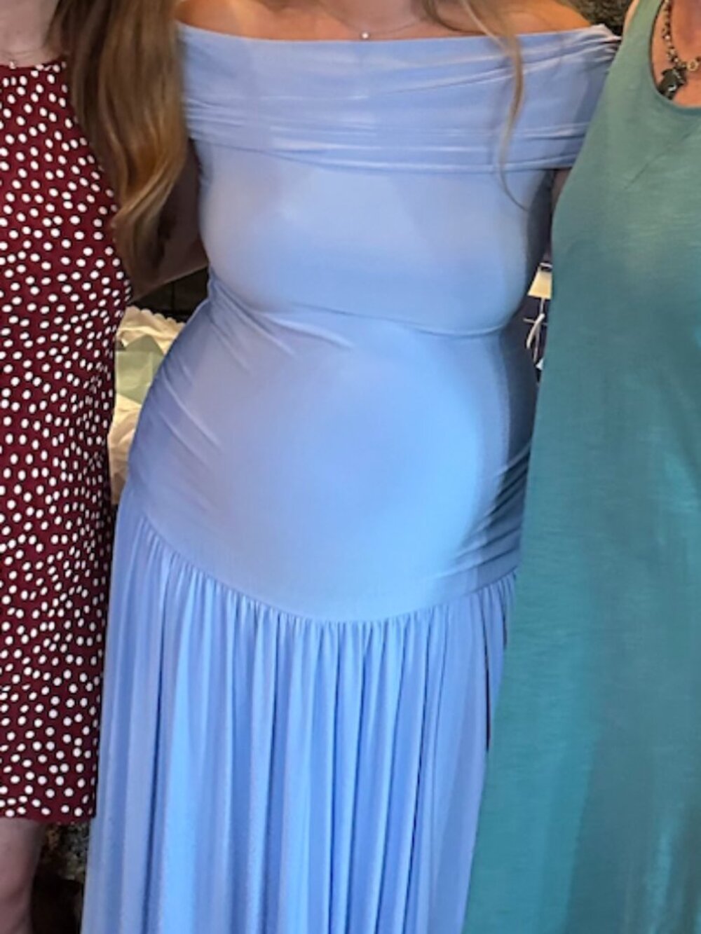 Club London Powder Blue Jersey Ruched Bardot Maternity Maxi Dress w/ Drop waist
